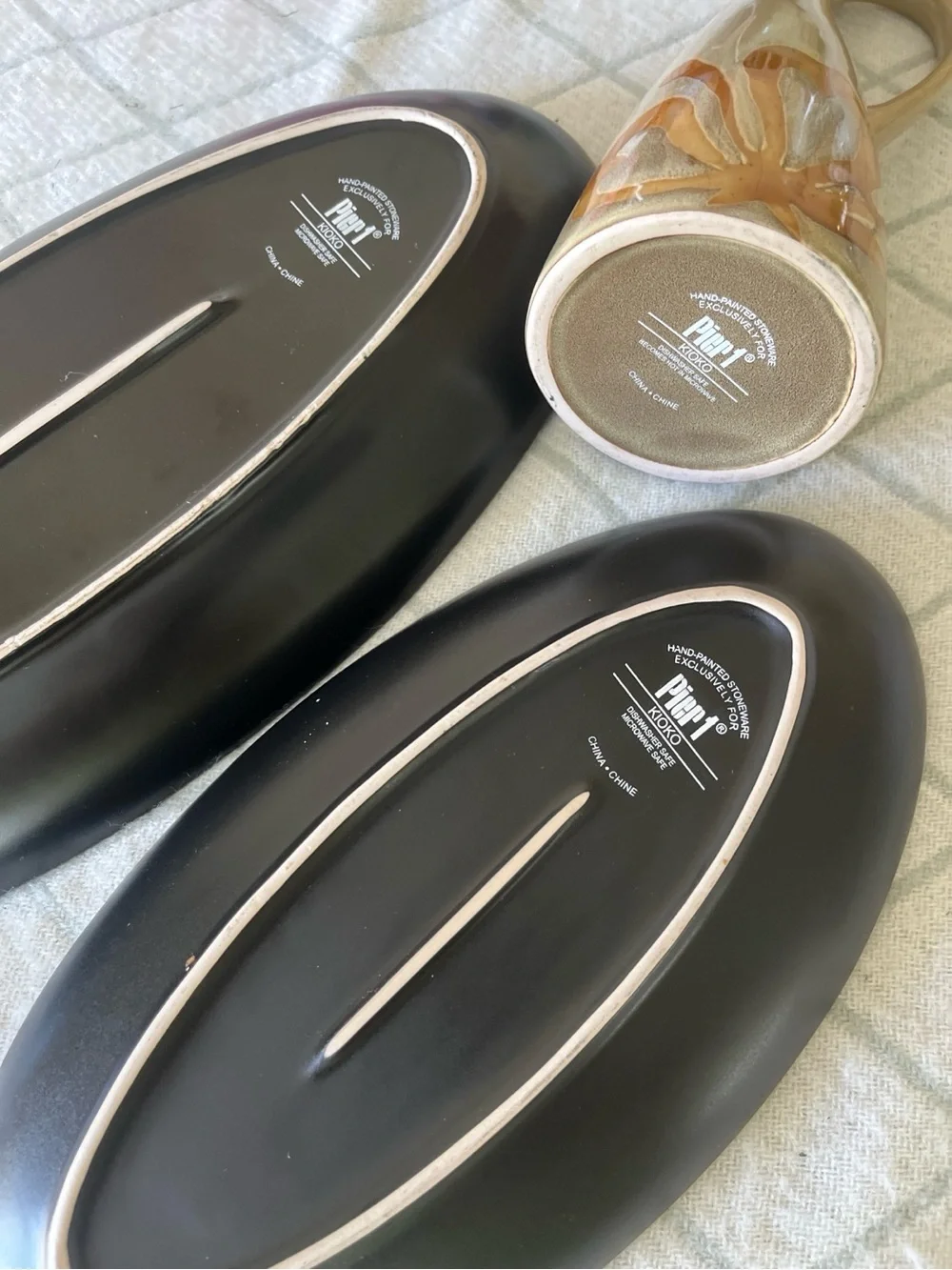 Pier 1 Imports Kioko set.  Stoneware oil bottle and 2 oval serving platters.